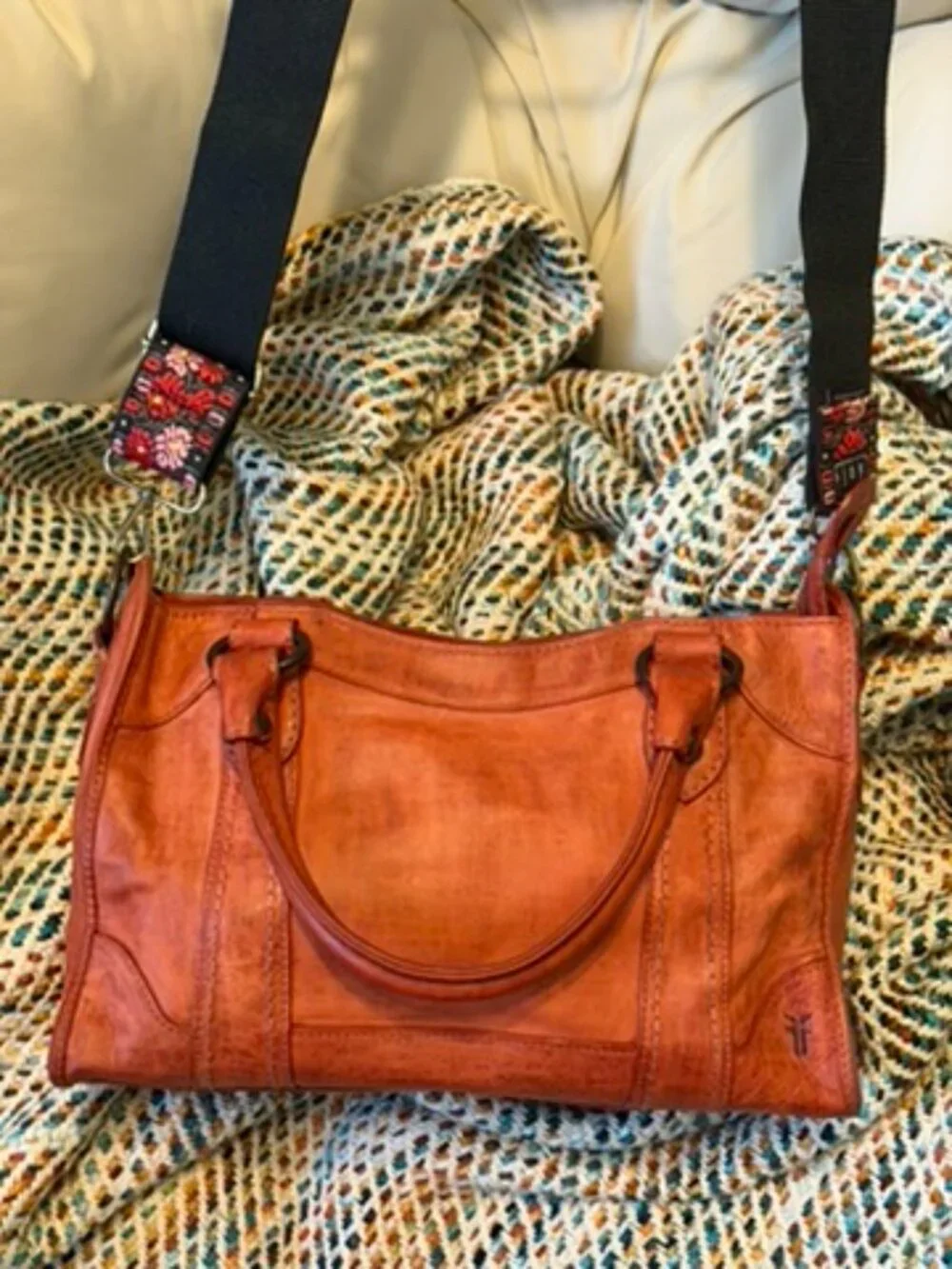 Frye Melissa Washed Leather Satchel Burnt Orange Boho Embroidered Strap EUC